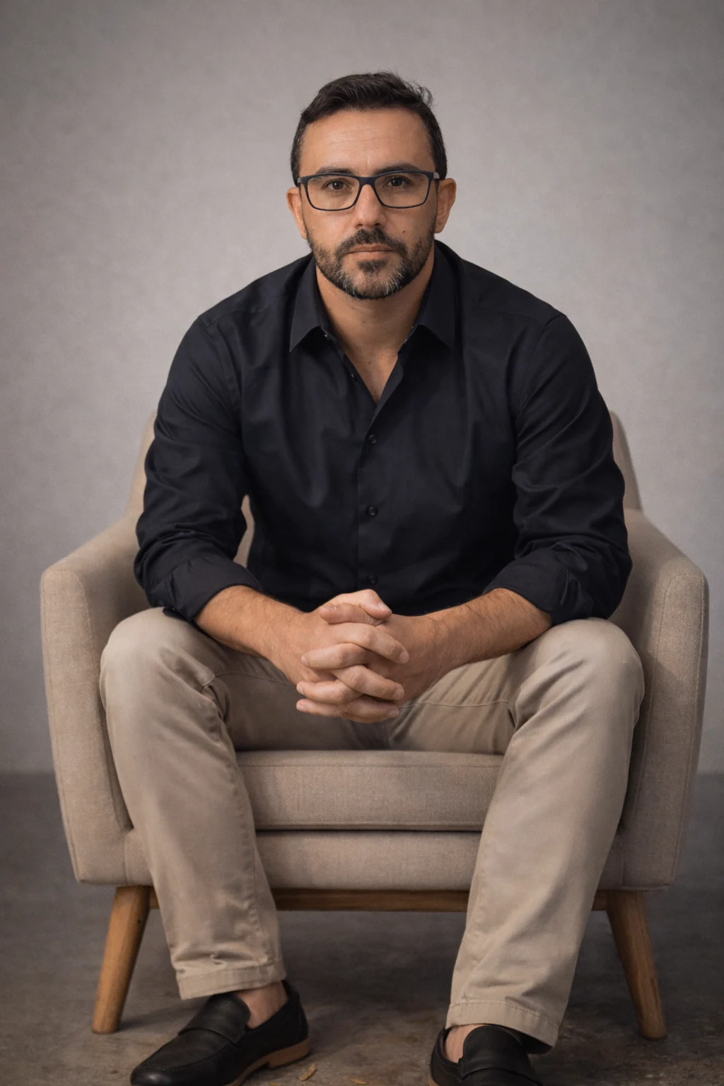 Retrato de Douglas Amaral sentado, em fundo neutro